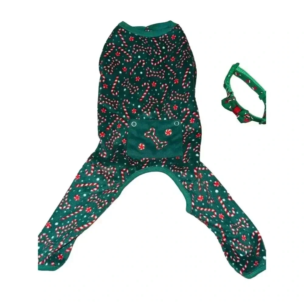 FuzzYard Dog Christmas footless long Pajamas Green Candy Cane Pattern S